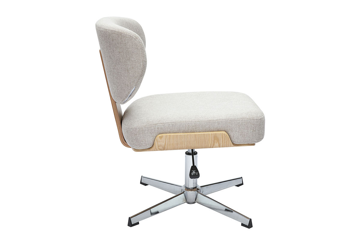 Chaise de bureau beige, vue de c�t�, en tissu effet velours avec structure en bois clair et base en m�tal.