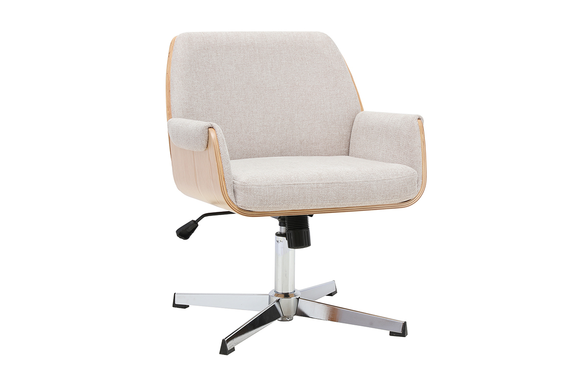 Chaise de bureau RIKKI en tissu beige effet velours et bois clair, vue de 3/4 avec accoudoirs