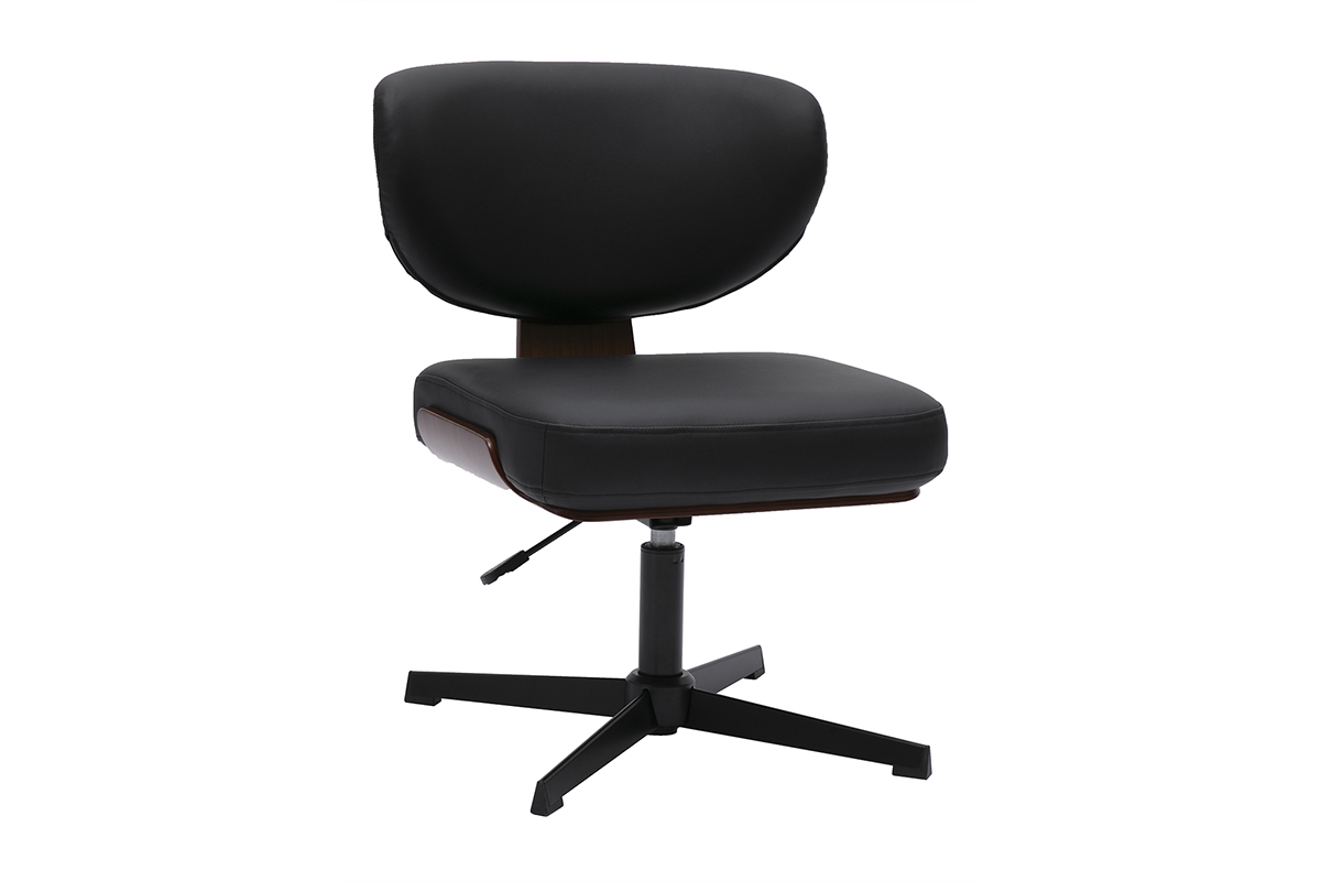 Chaise de bureau noire et bois fonc� noyer avec pi�tement �toile, vue de 3/4.