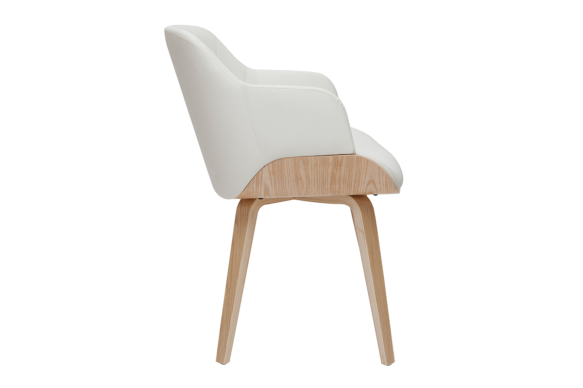Chaise design blanche et bois clair LUCIEN vue de profil avec dossier matelass� et accoudoirs.