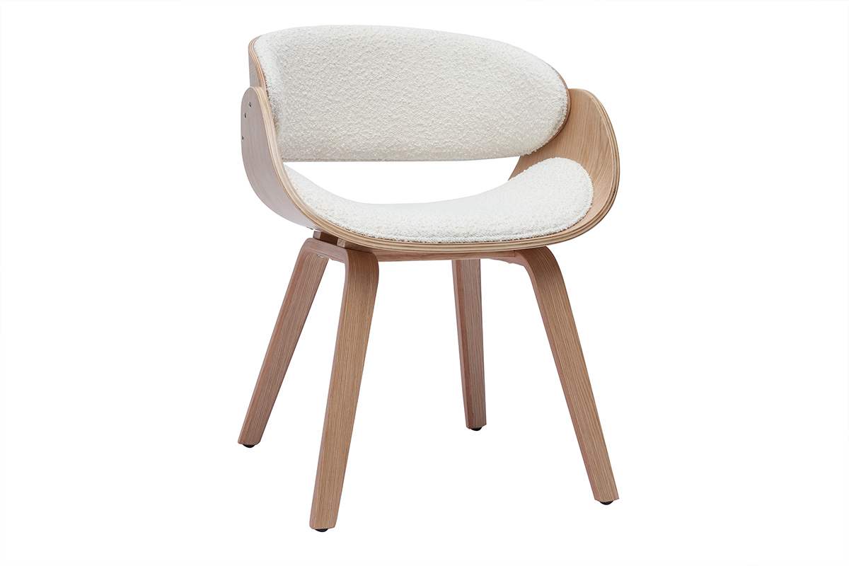 Chaise design en tissu effet laine boucl�e blanc et bois clair BENT