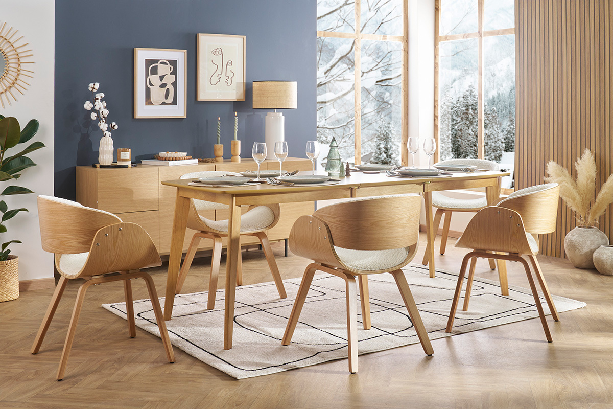 Chaise design en tissu effet laine boucl�e blanc et bois clair BENT