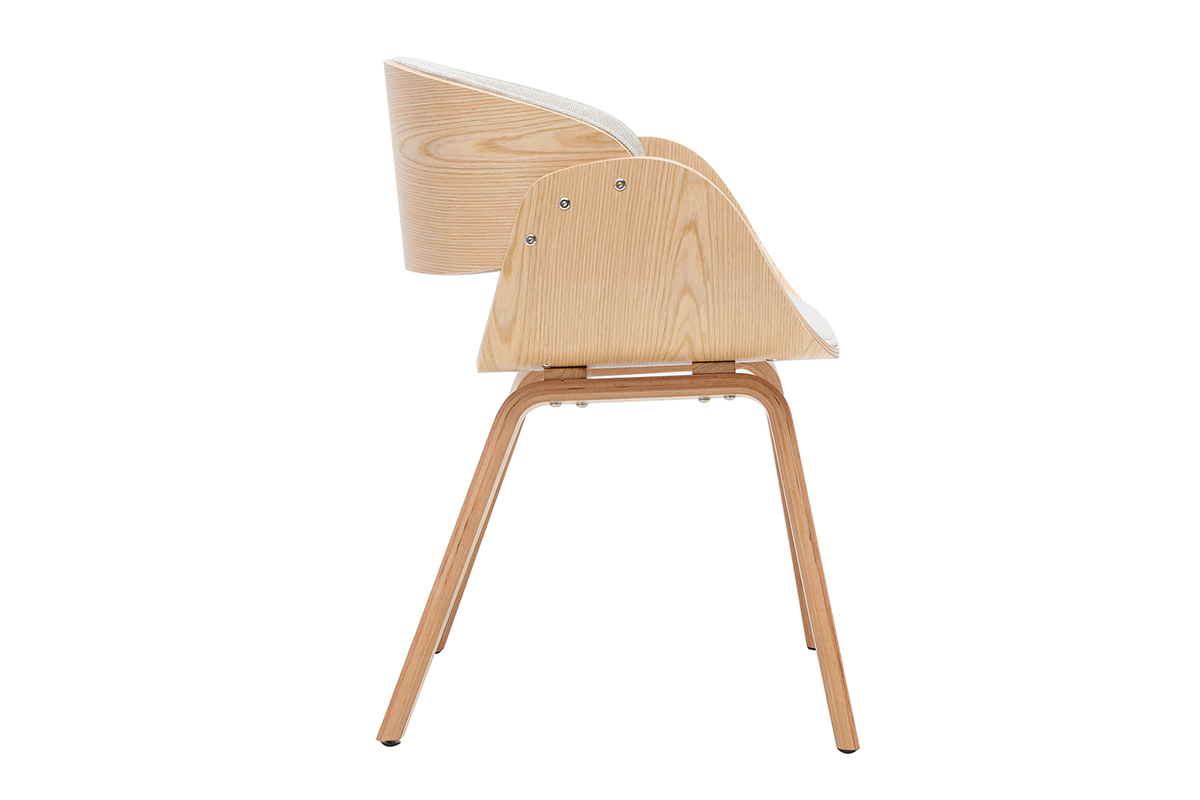 Chaise design BENT en tissu velours beige et bois clair, vue de profil.