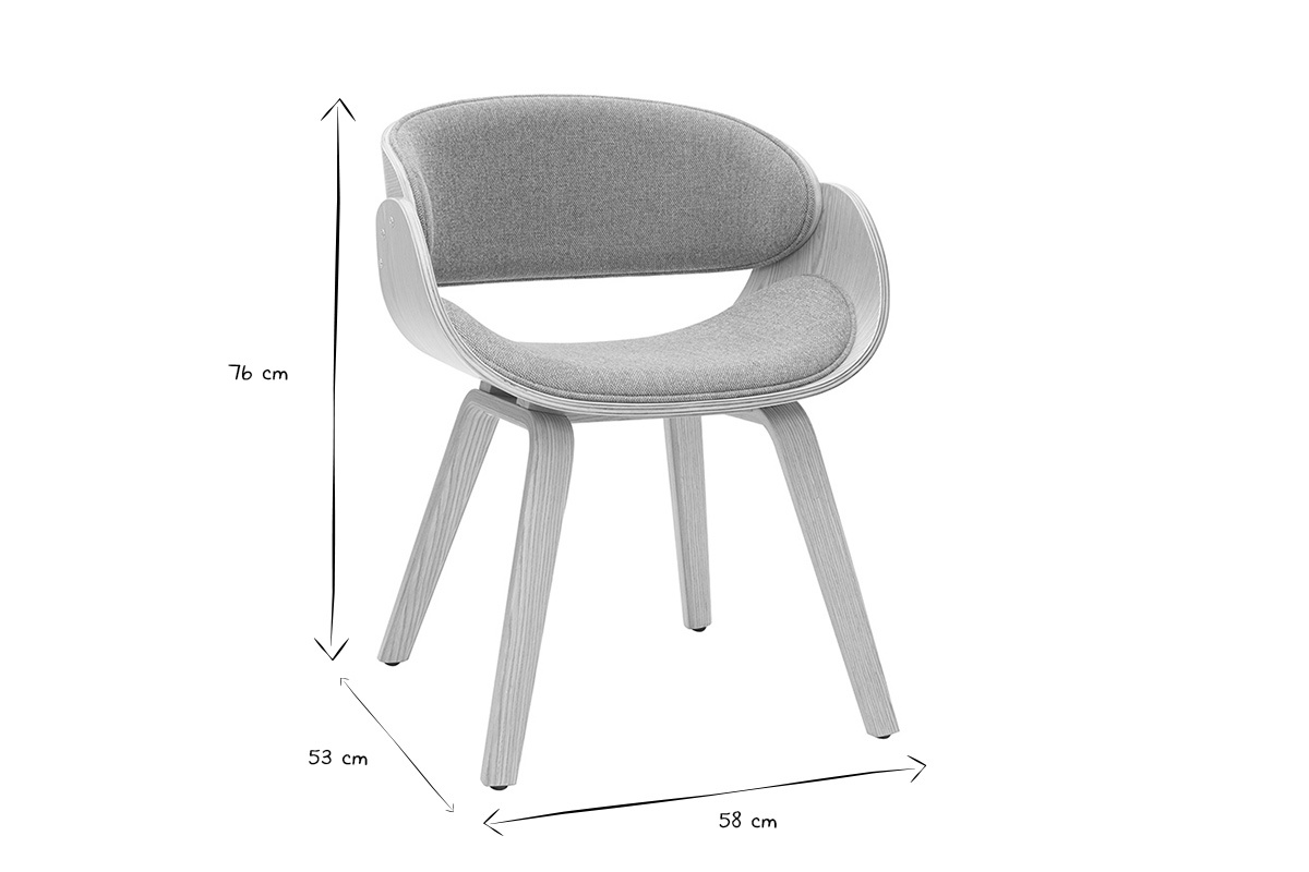 Dimensions de la chaise BENT avec pied en bois clair, photo en noir et blanc.