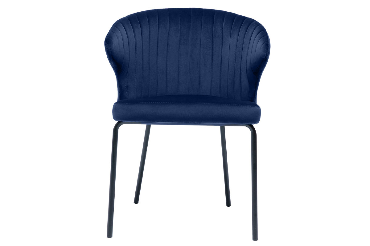 Chaise en velours bleu fonc� avec structure m�tallique noire, vue de face.