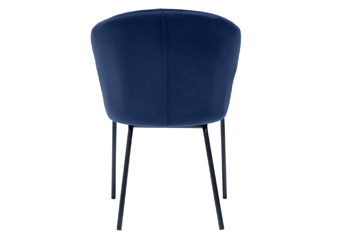 Chaise design en velours bleu fonc� vue de dos, pieds en m�tal noir.