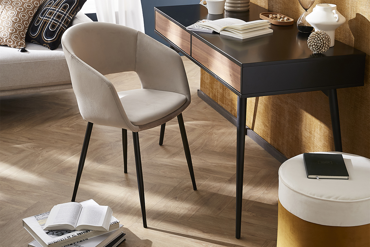 Chaise design en tissu velours bleu p�trole et m�tal noir PRISMA