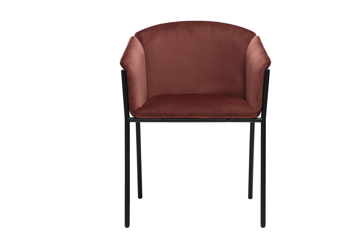 Chaise en velours rouge tomette et m�tal noir, mod�le BRIANE.
