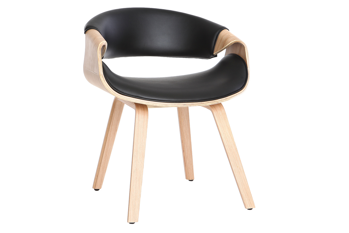 Chaise design ARAMIS en bois clair et polyur�thane noir vue de trois-quarts.