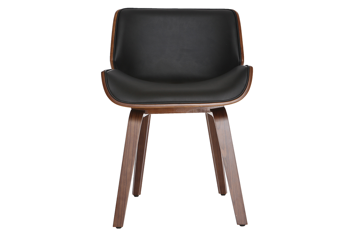 Chaise design RUBBENS en bois fonc� et cuir noir, vue de face.