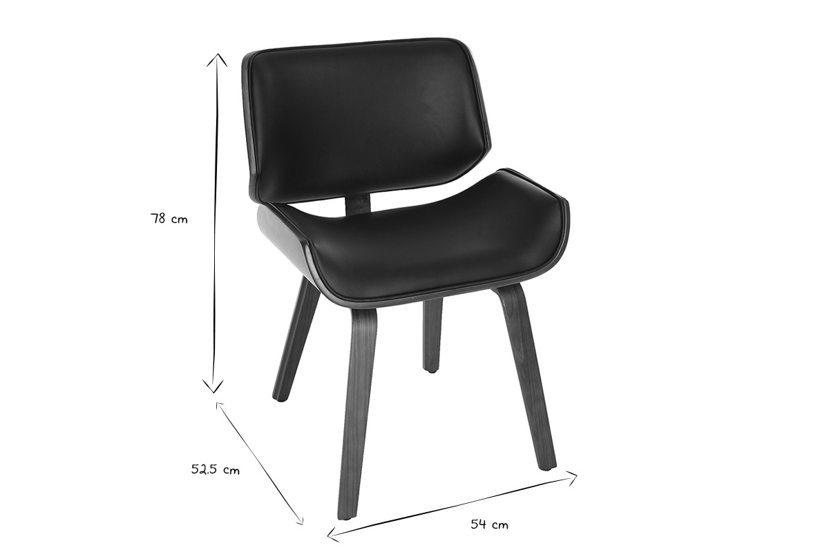 Chaise design noir et bois fonc� RUBBENS avec dimensions en noir et blanc: hauteur 78 cm, largeur 54 cm.