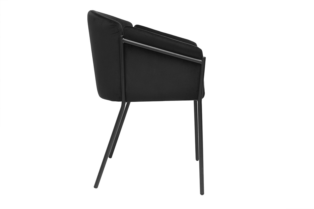 Chaise noire en tissu velours avec structure en m�tal, mod�le BRIANE. Vue de profil.
