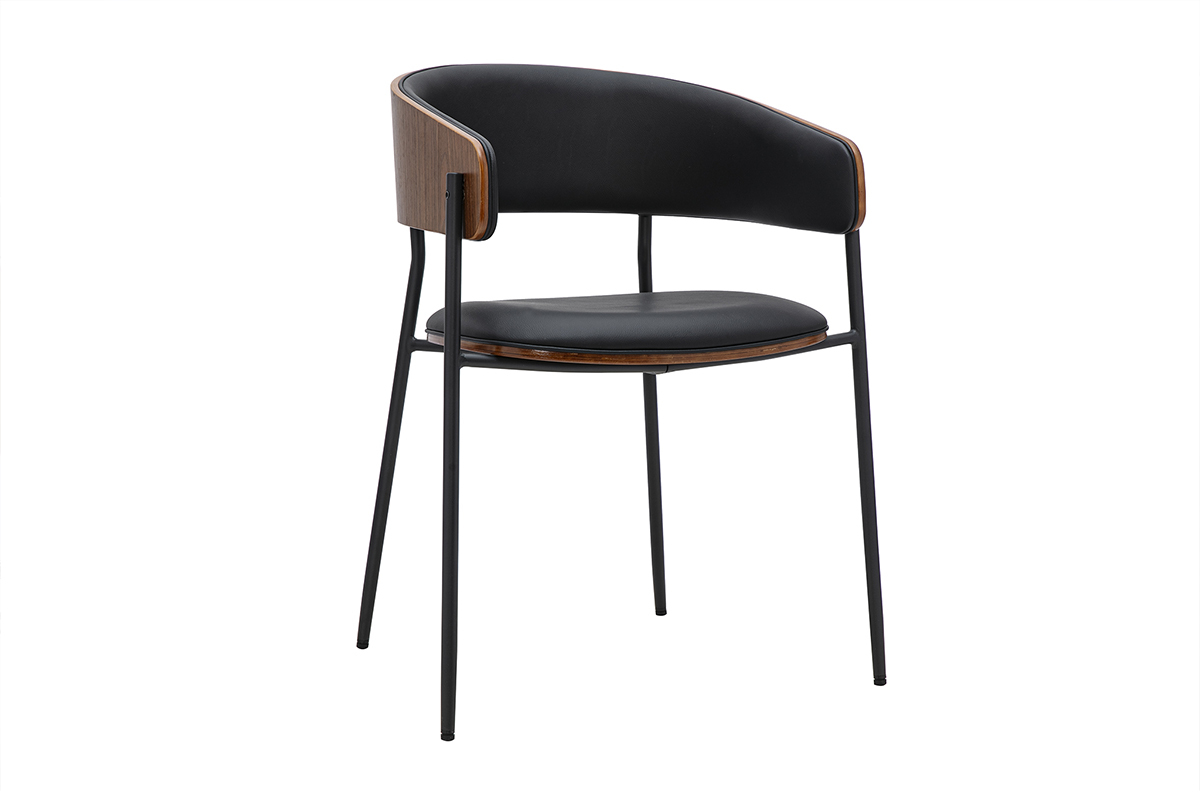 Chaise design noire et bois fonc� noyer avec dossier enveloppant, vue de 3/4