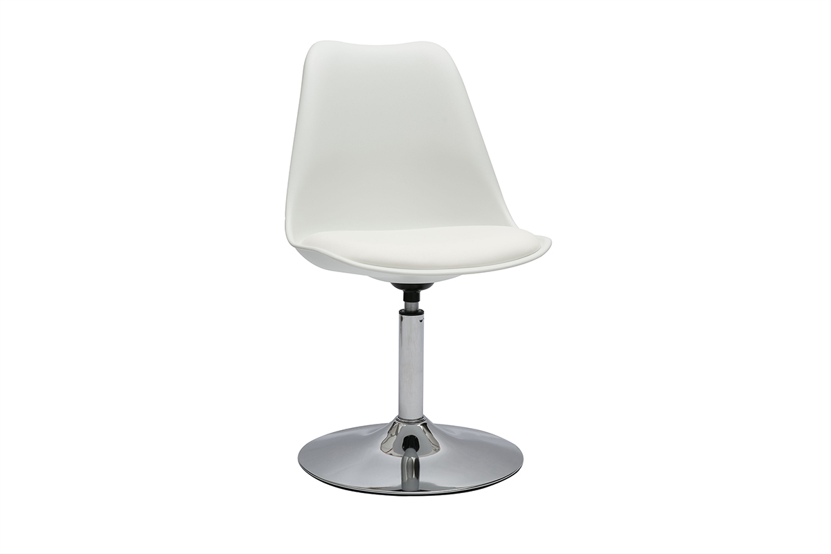 Chaise design pivotante blanche avec pied en m�tal chrom�, mod�le STEEVY. Vue de 3//4.