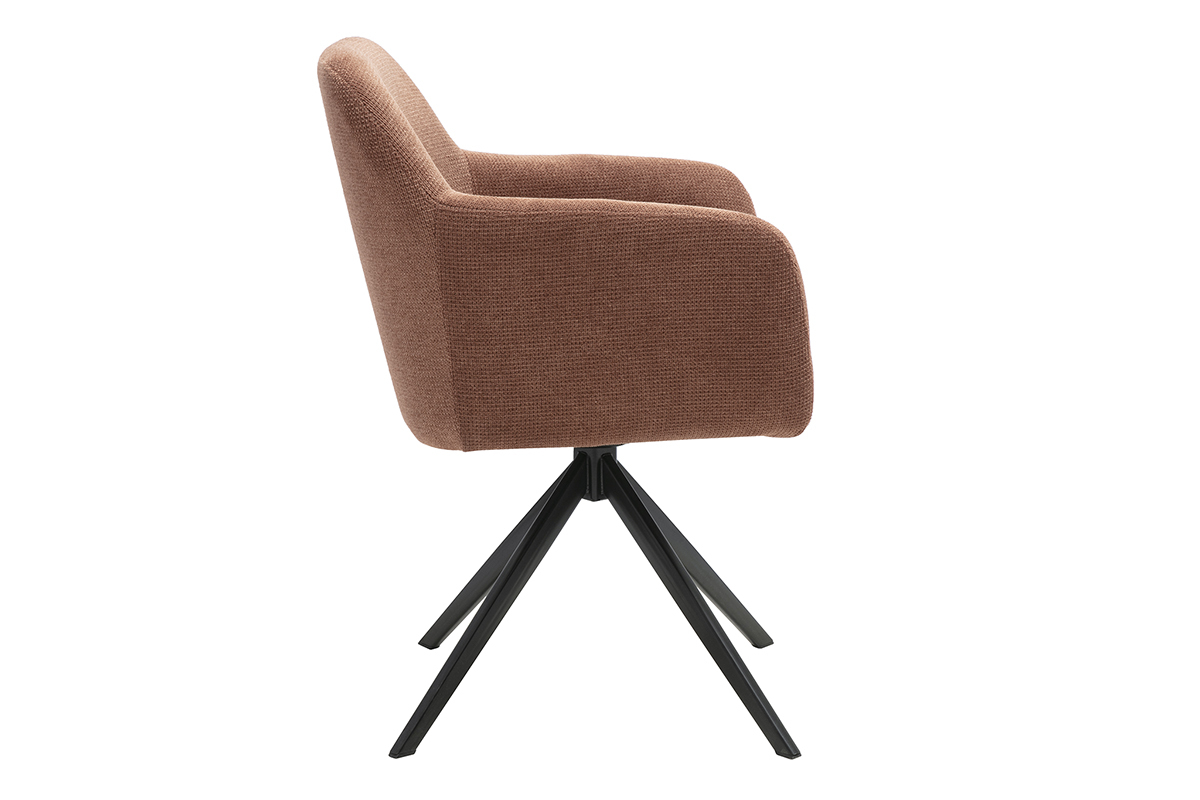 Chaise pivotante 360� en tissu chenille terre br�l�e, vue de profil, pi�tement en m�tal noir.