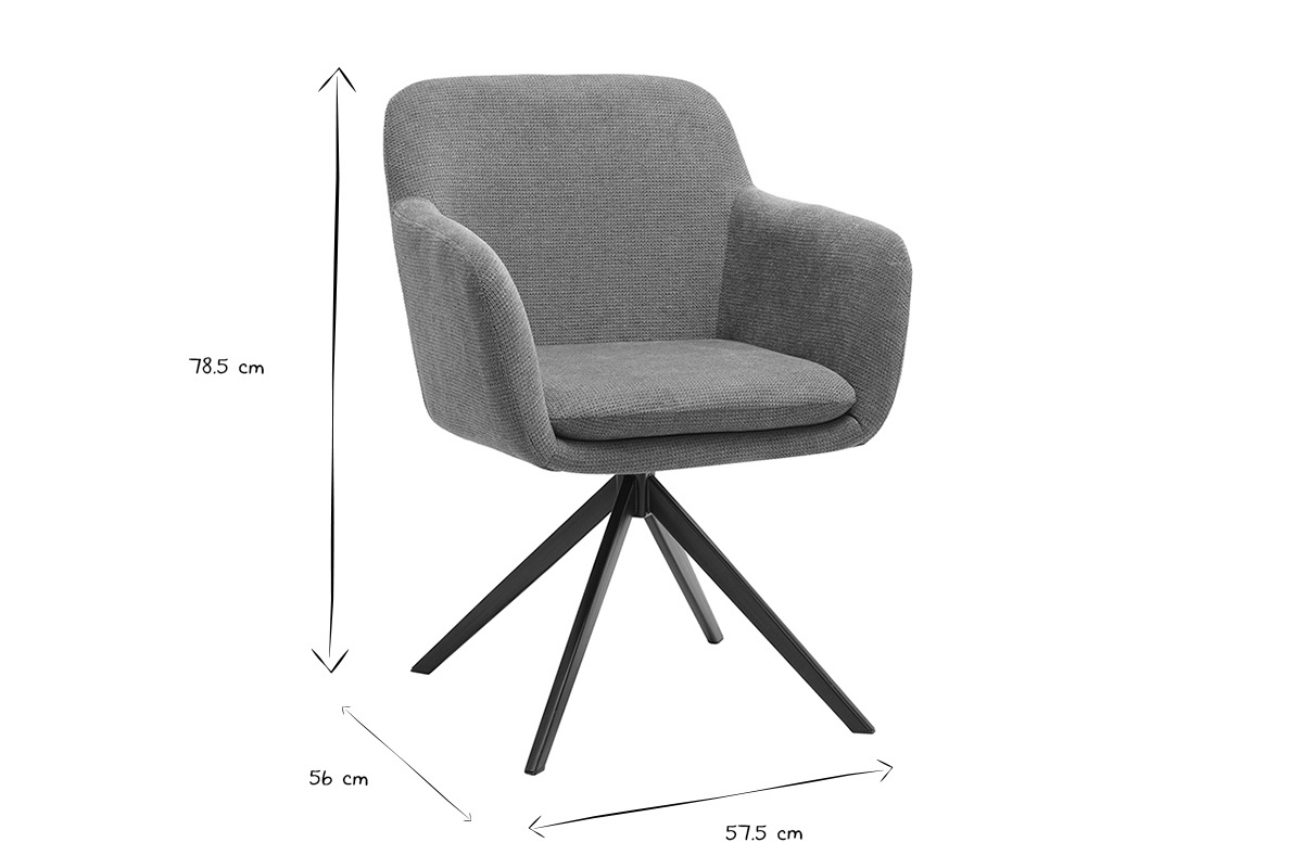 Chaise pivotante AMIKA en tissu chenill�, dimensions : L57,5 x P56 x H78,5 cm, vue de face en noir et blanc.