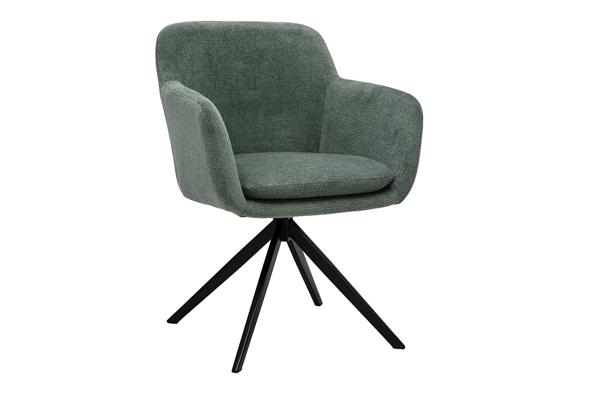 Chaise pivotante 360� en tissu chenille vert kaki avec pi�tement en m�tal noir, vue de 3/4