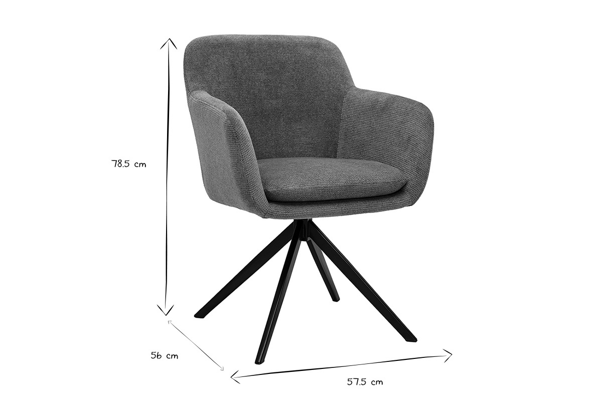 Dimensions de la chaise pivotante AMIKA en noir et blanc, hauteur 78.5 cm, profondeur 56 cm, largeur 57.5 cm.
