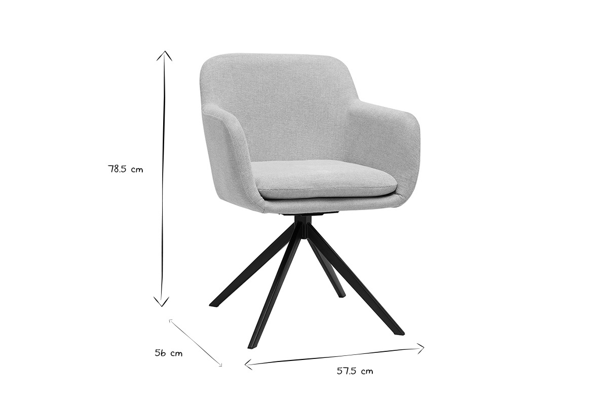 Chaise pivotante en tissu beige avec dimensions en noir et blanc, vue de 3/4.