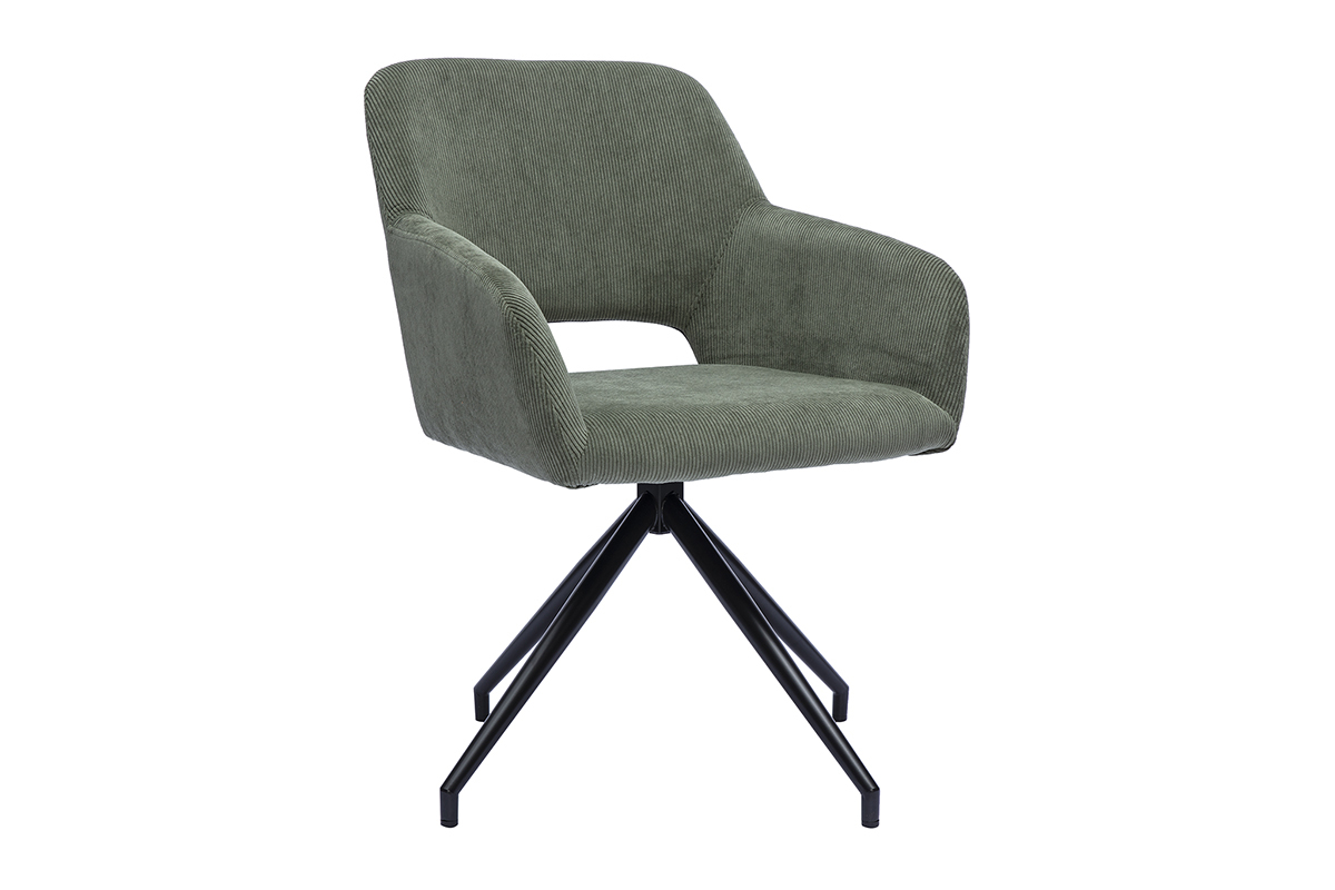 Chaise pivotante 360� en tissu velours c�tel� vert kaki sur base en m�tal noir, vue de 3/4