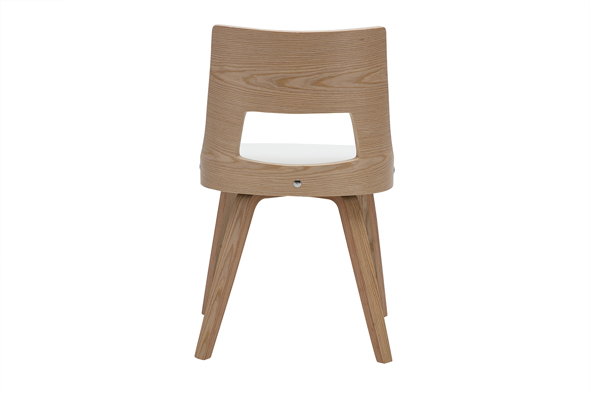 Chaise scandinave blanc et bois clair, design nordique, dossier ajour�, assise rembourr�e en polyur�thane.