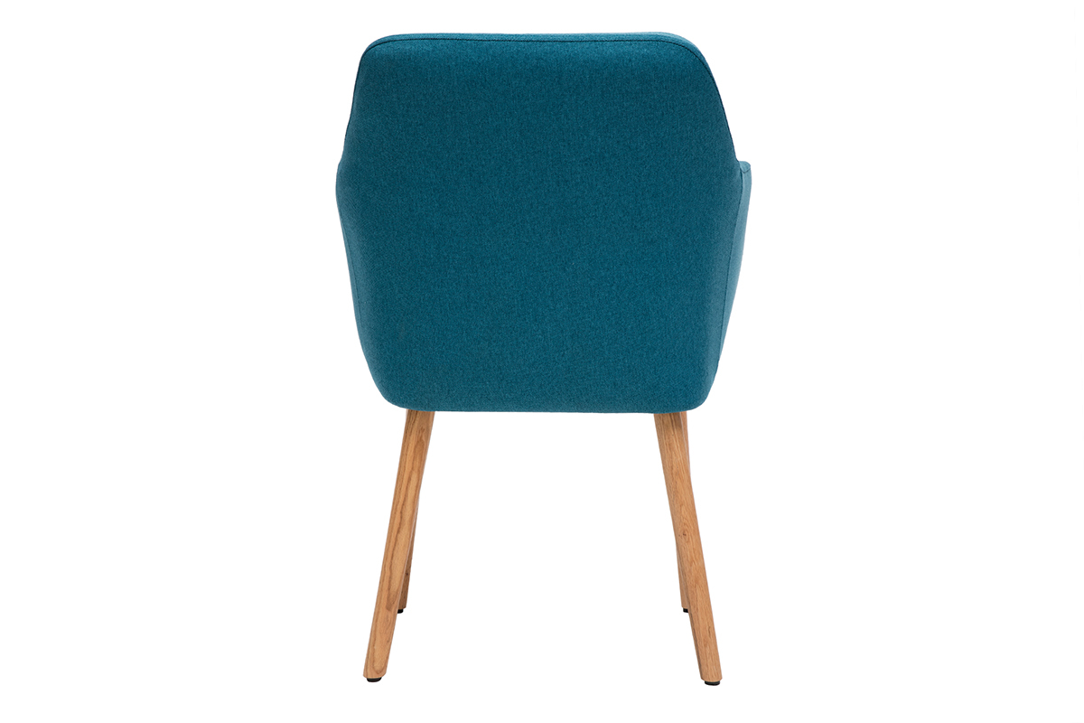 Vue arri�re d'une chaise scandinave ALEYNA en tissu bleu canard et bois clair.
