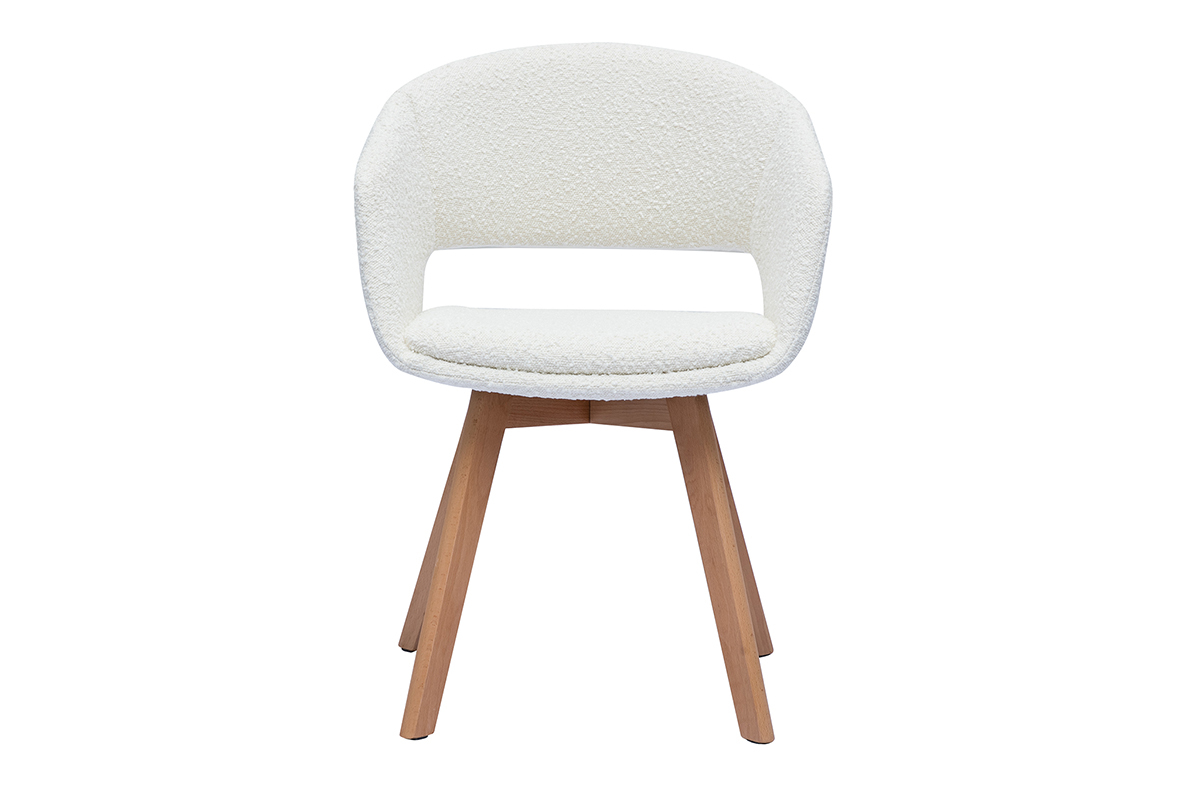 Chaise scandinave en tissu effet laine boucl�e blanc et bois clair massif PRISMA