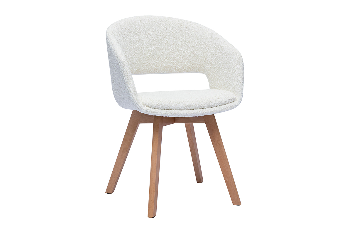 Chaise scandinave en tissu effet laine boucl�e blanc et bois clair massif PRISMA
