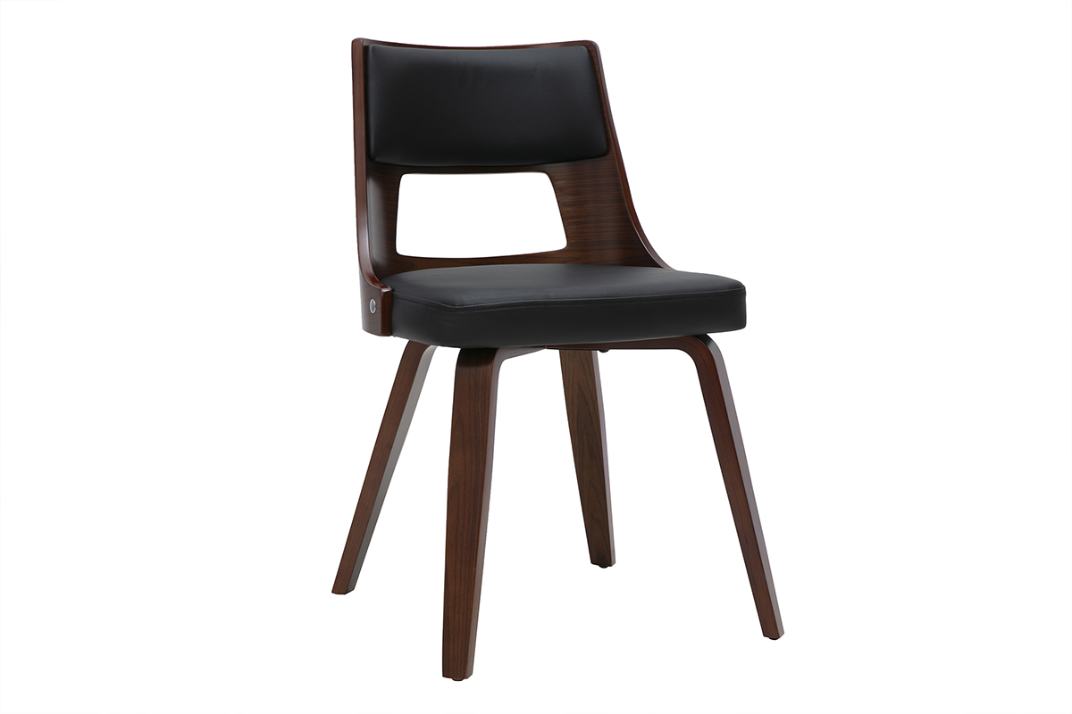 Chaise vintage GARBO en bois fonc� et polyur�thane noir, design r�tro.