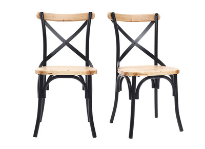 Chaises bistrot bois clair massif et m&eacute;tal noir (lot de 2) JAKE
