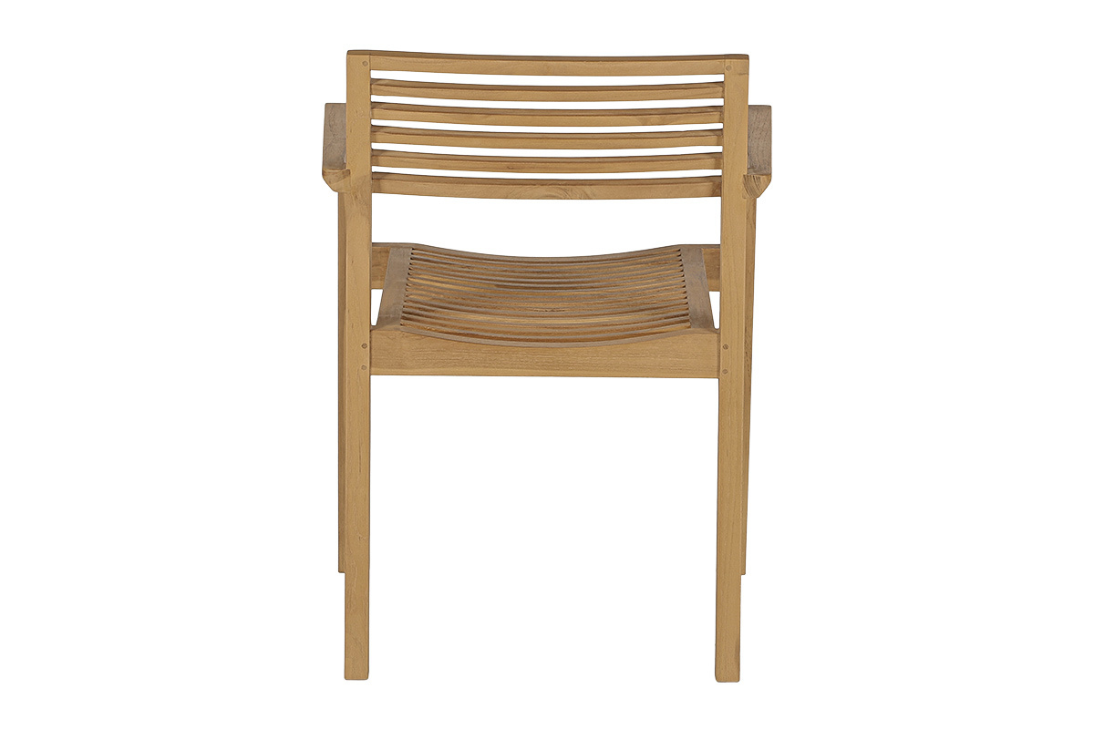 Chaise de jardin KAYU en teck massif, vue de dos, empilable avec accoudoirs.