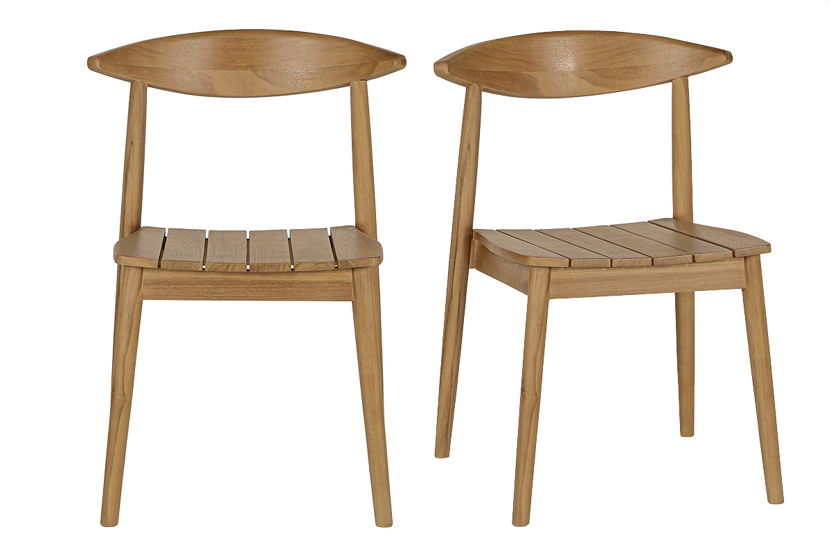Lot de 2 chaises de jardin empilables en bois teck massif, vue de face.