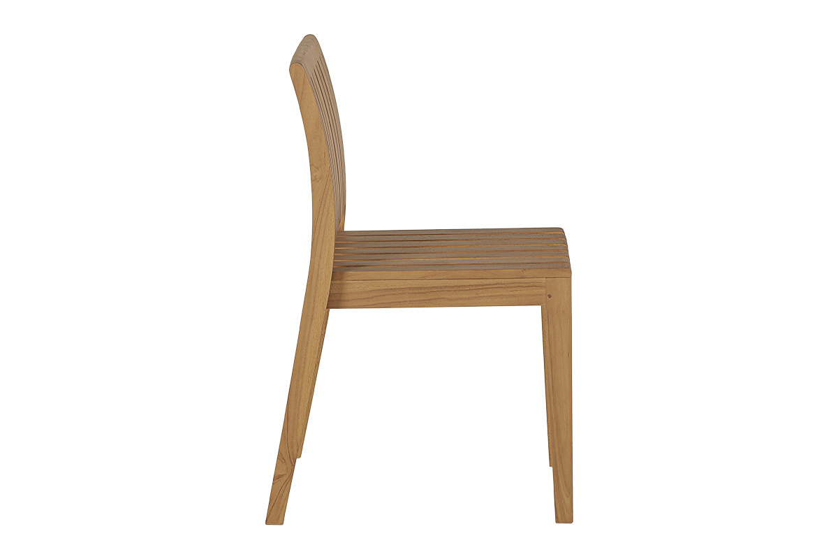 Chaise de jardin TECKA en bois de teck massif, vue de profil, design �pur� sans accoudoirs.