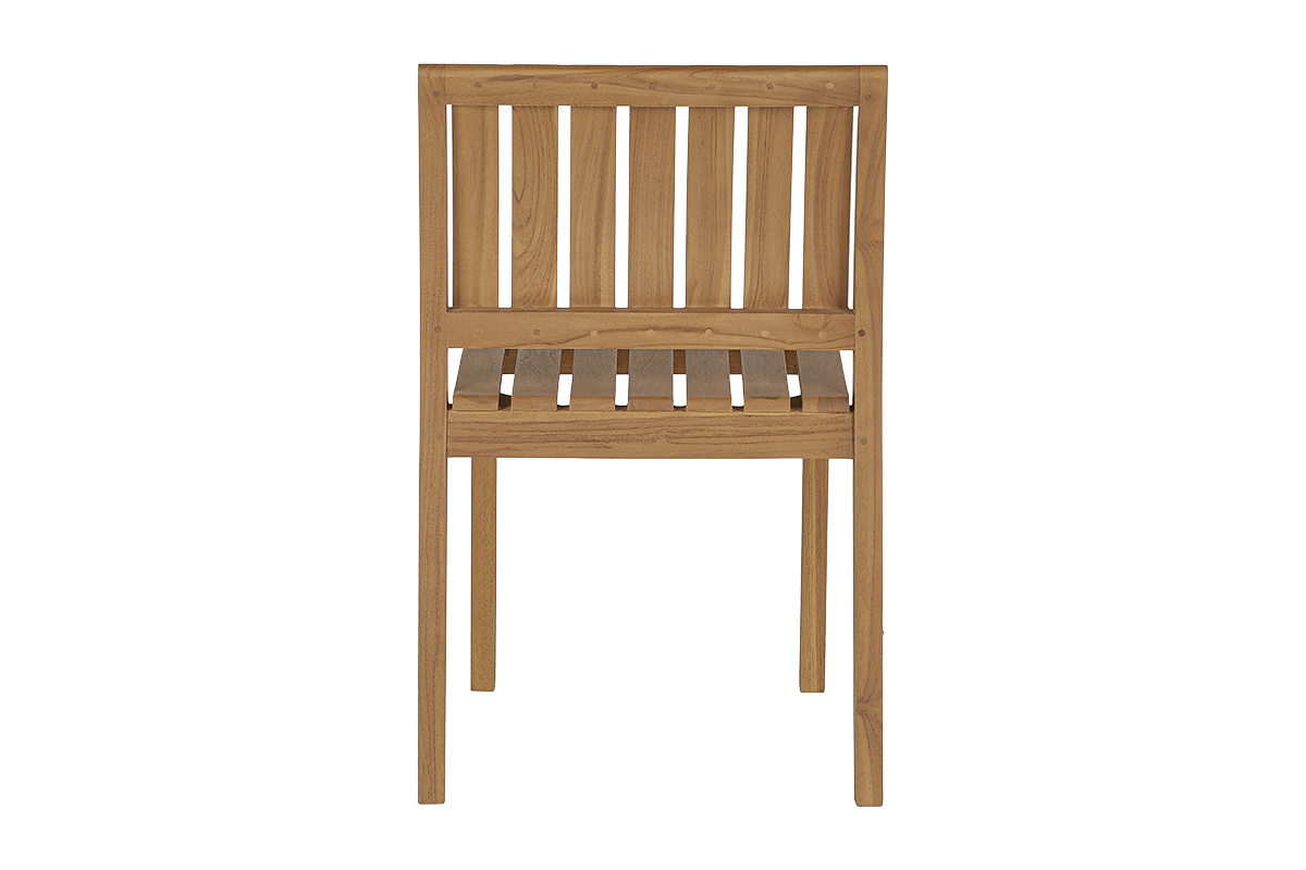 Chaise de jardin TECKA en teck massif, vue de dos, empilable, dimensions L50 x P53,5 x H80 cm.