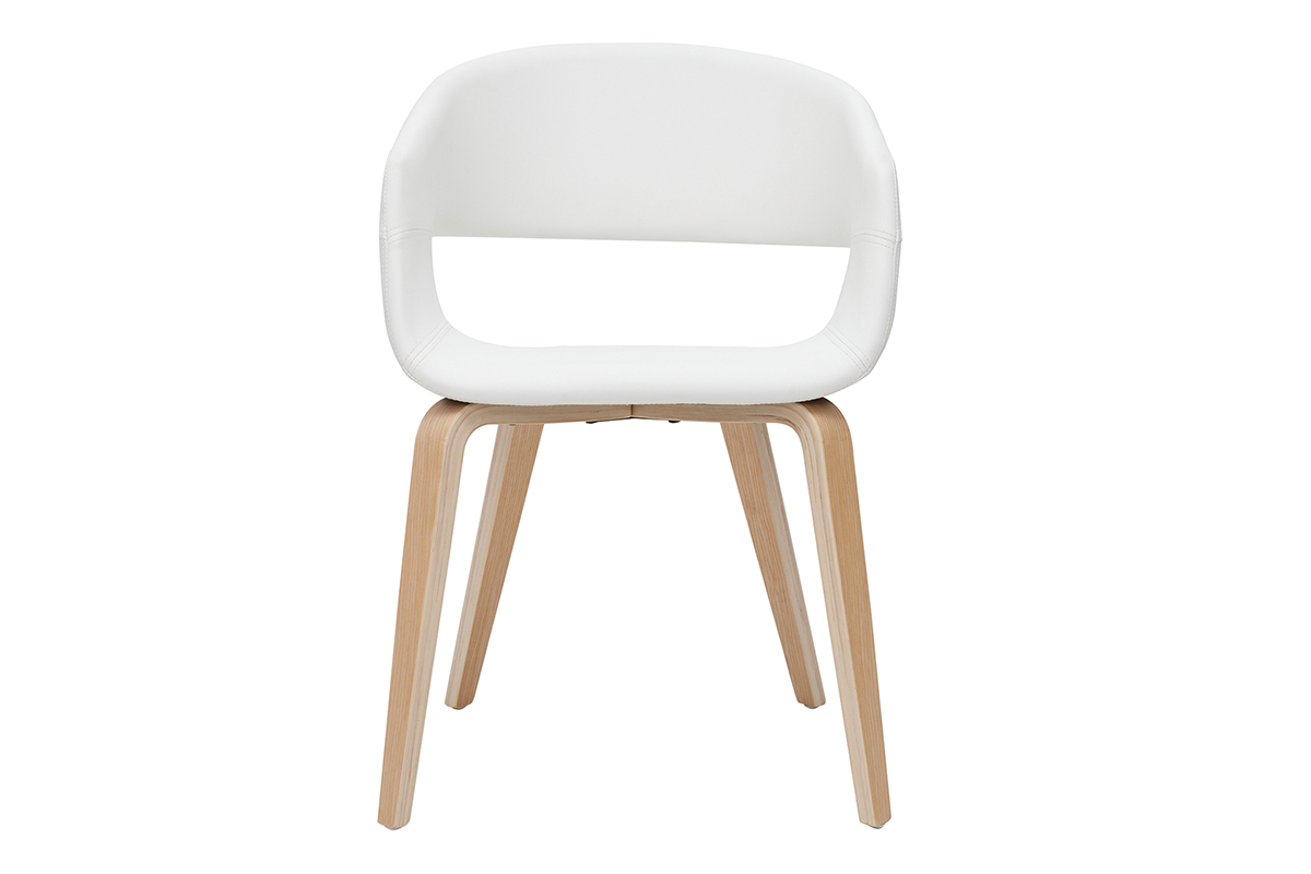 Chaise blanche avec pieds en bois clair, vue de face.