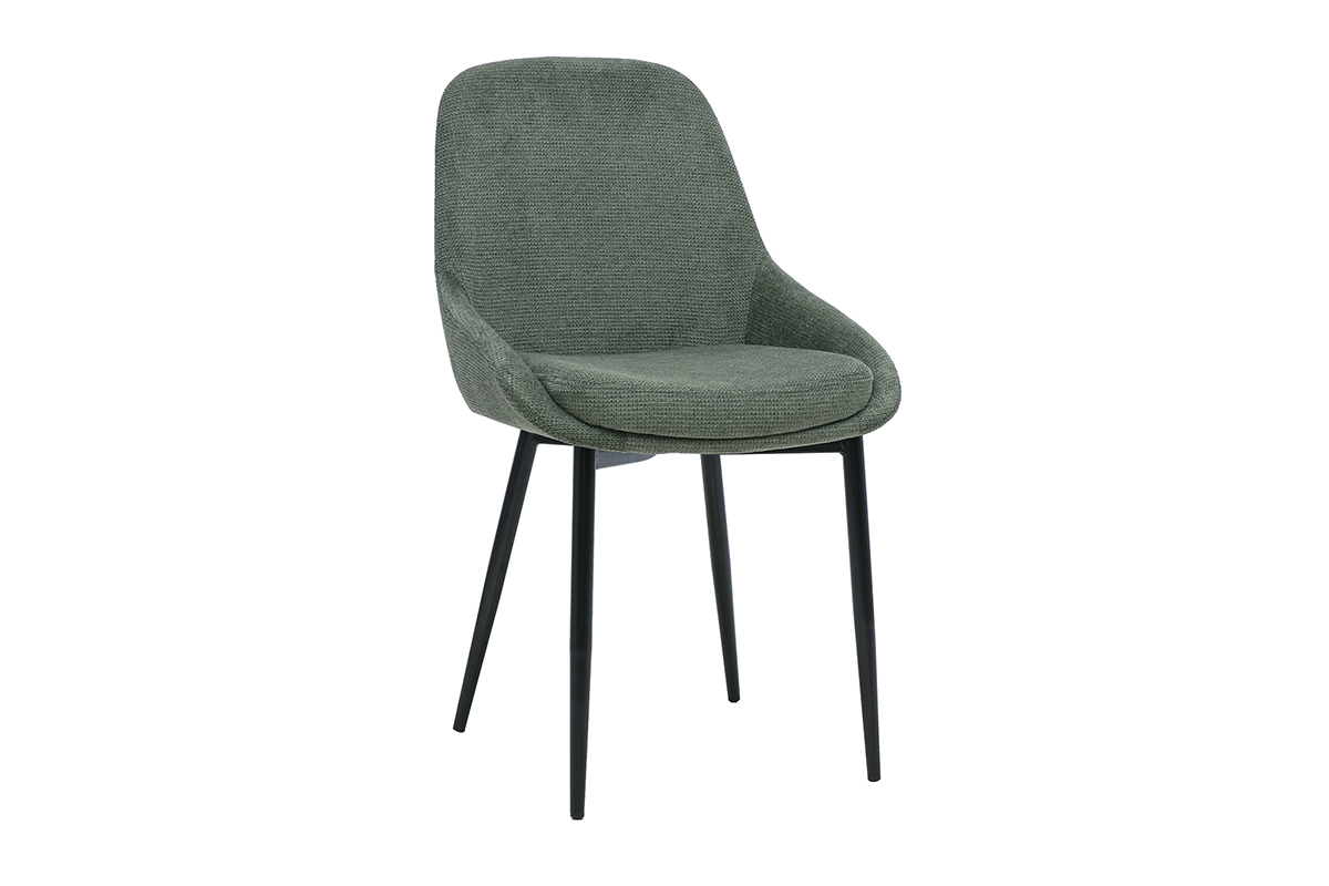 Chaise design en tissu chenille vert kaki avec pieds en m�tal noir, vue de 3/4.
