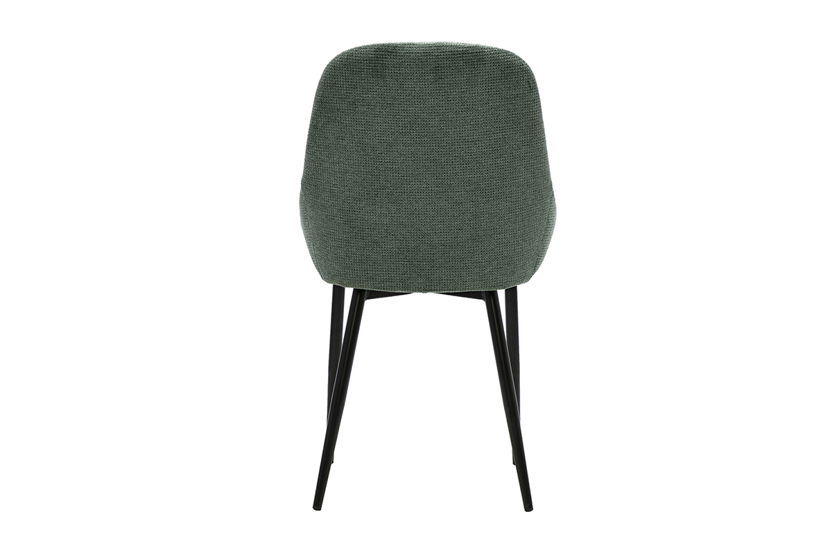 Chaise design en tissu chenille vert kaki vue de dos, pi�tement en m�tal noir.