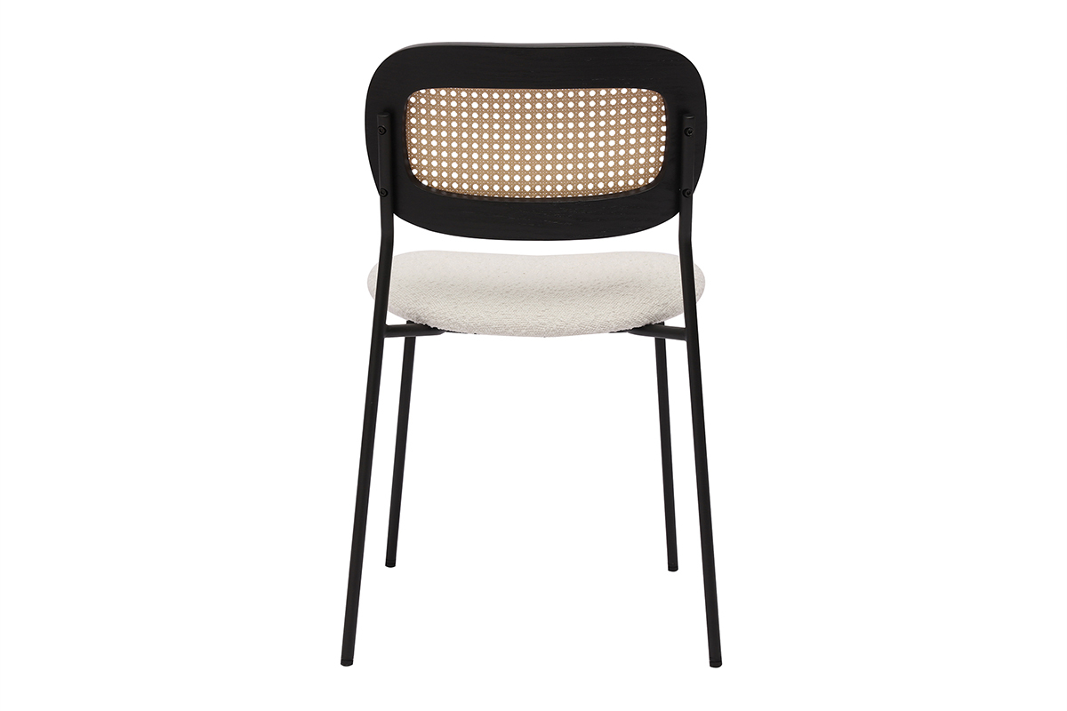 Chaise design vue de dos, assise tissu boucl� blanc, dossier cannage rotin, pieds m�tal noir.