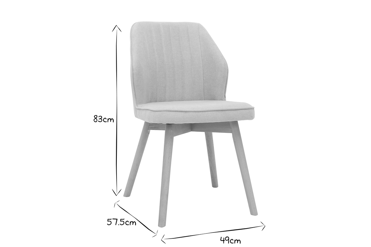 Chaise en noir et blanc avec dimensions : hauteur 83 cm, profondeur 57,5 cm, largeur 49 cm.