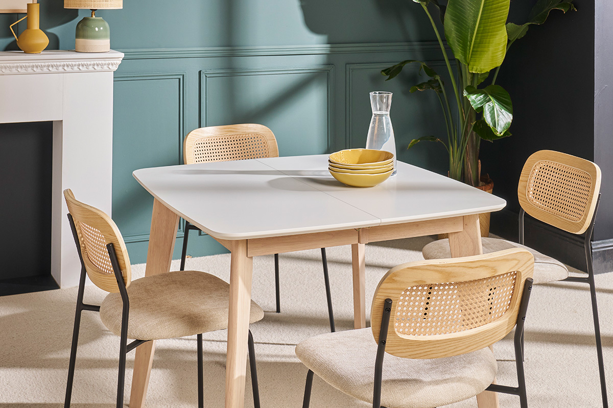 Chaises design en tissu effet velours textur� beige, m�tal noir et cannage rotin (lot de 2) MIRANDA