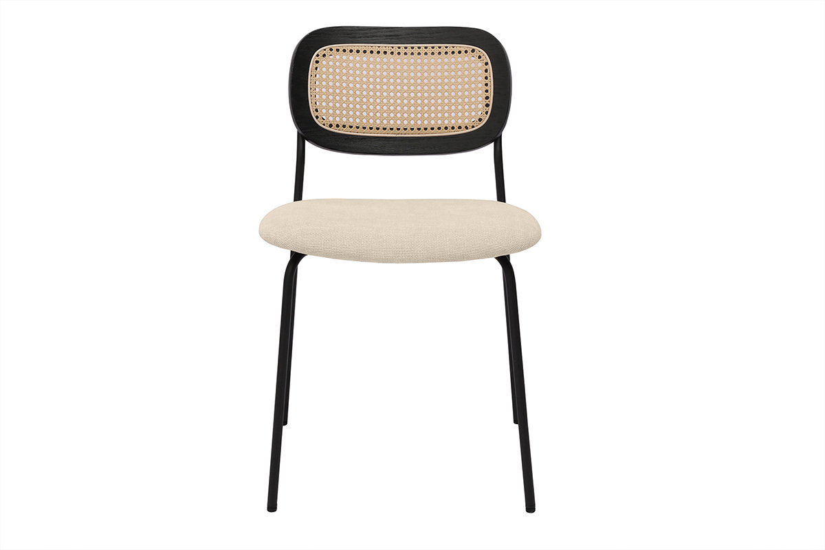 Chaises design en tissu effet velours textur� beige, m�tal noir et cannage rotin (lot de 2) MIRANDA