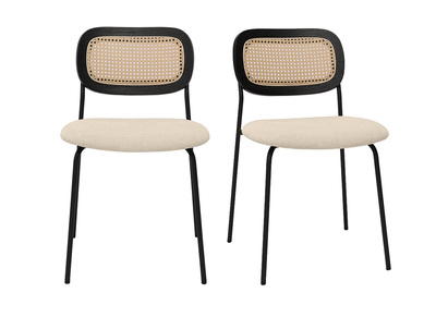 Chaises design en tissu effet velours textur&eacute; beige, m&eacute;tal noir et cannage rotin (lot de 2) MIRANDA