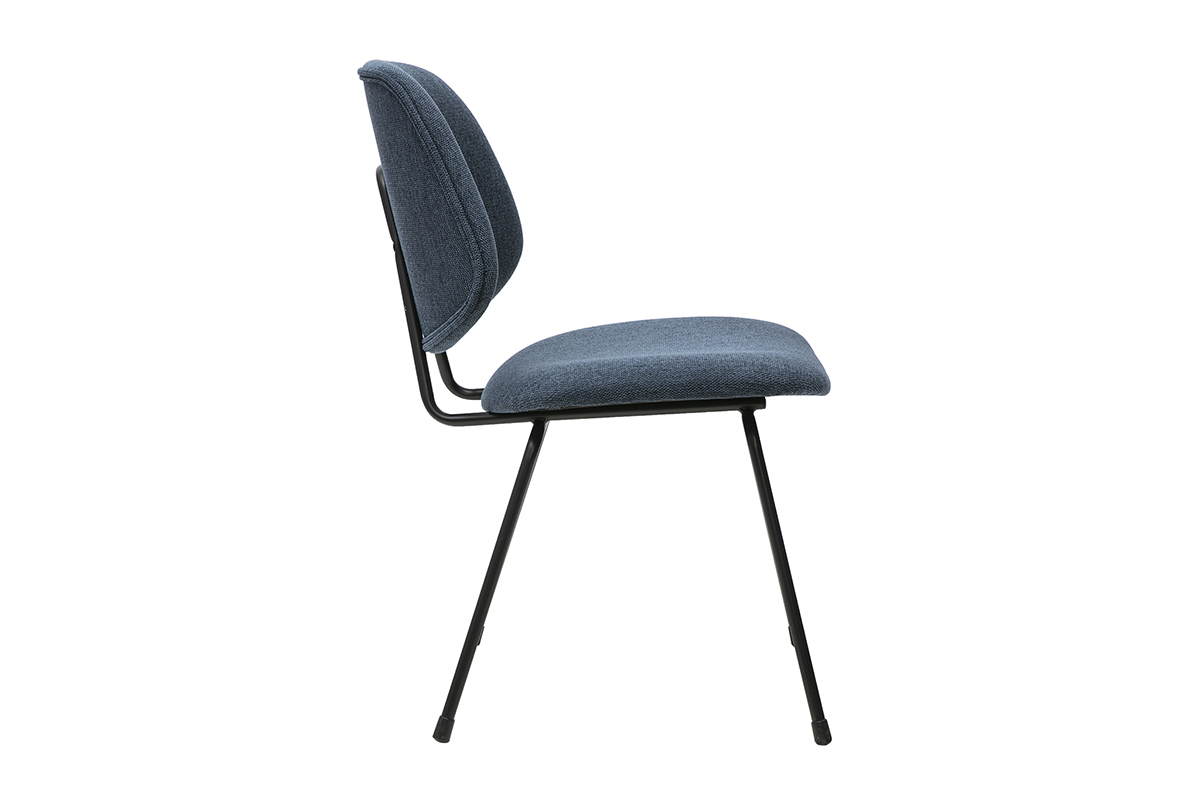 Chaise design BARNET en tissu velours textur� bleu fonc�, vue de profil, avec structure en m�tal noir.