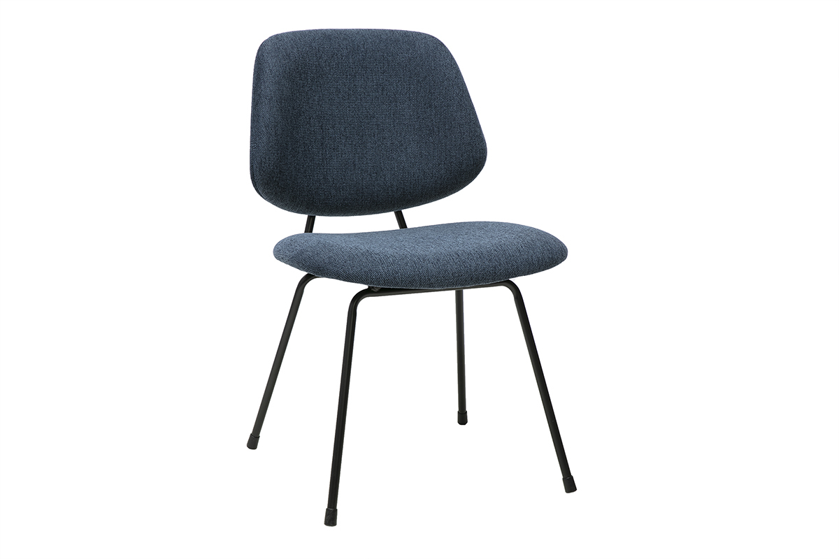 Chaise design en tissu velours bleu fonc� avec structure en m�tal noir, vue de 3/4.