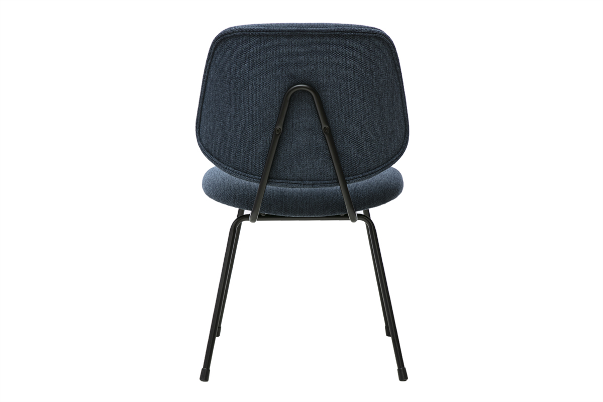 Chaise design en tissu bleu fonc�, vue de dos, avec structure en m�tal noir.