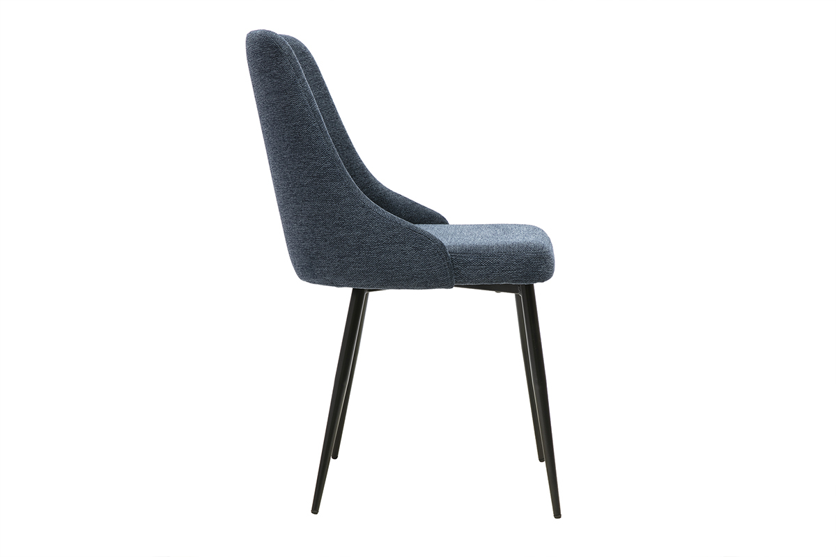 Chaise design en tissu bleu fonc� avec pi�tement en m�tal noir, vue de profil