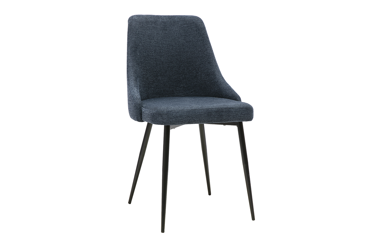 Chaise design en tissu velours textur� bleu fonc� avec pi�tement en m�tal noir, vue de 3/4