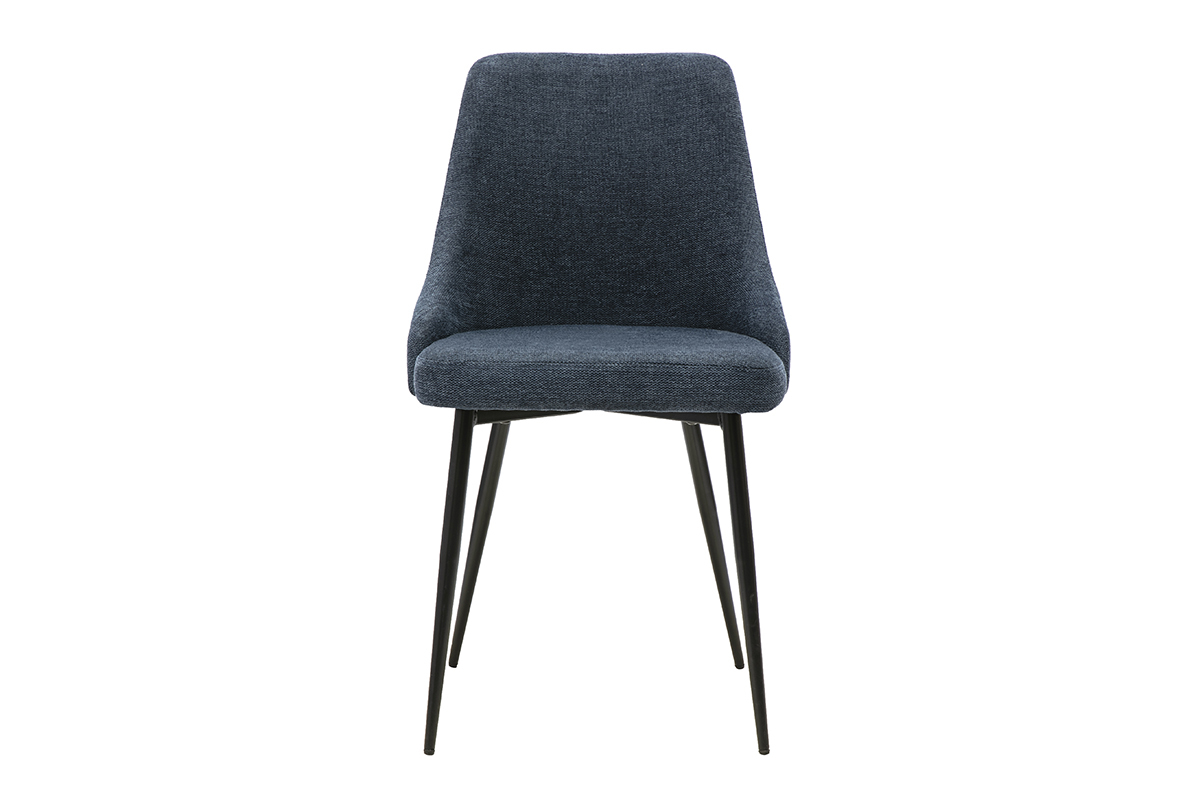 Chaise design en tissu velours textur� bleu fonc� avec pi�tement en m�tal noir, vue de face.