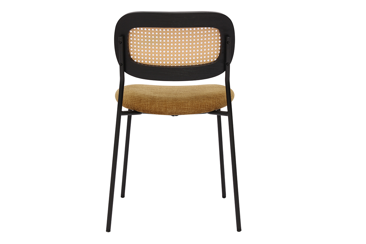 Chaise en tissu velours bronze, dossier cannage rotin, vue arri�re.