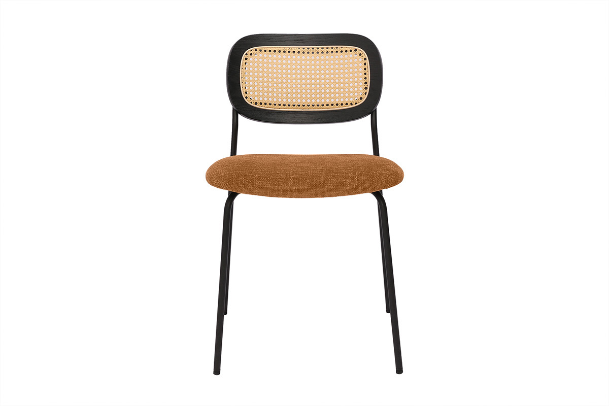Chaises design en tissu effet velours textur� terre brul�e, m�tal noir et cannage rotin (lot de 2) MIRANDA